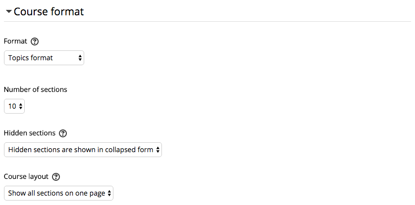 Course Format settings including number of sections, hidden sections, and layout