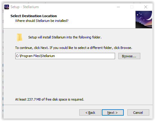 choosing destination location for installation