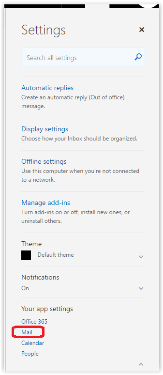 Options button on the settings menu