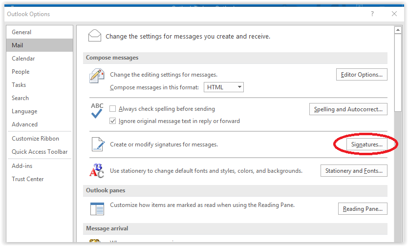 Outlook Options window - signatures button selected