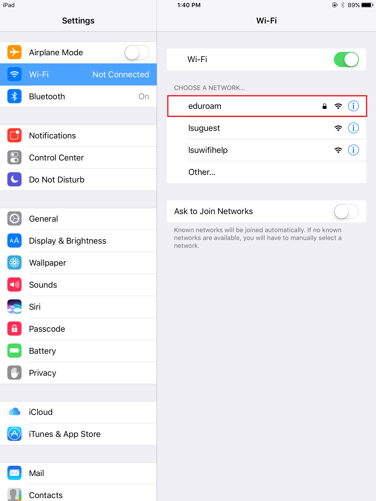 iPad Wifi Settings with eduroam highlighted at the right of the screen.