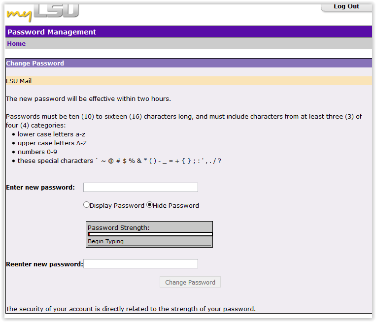 myLSU change password screen