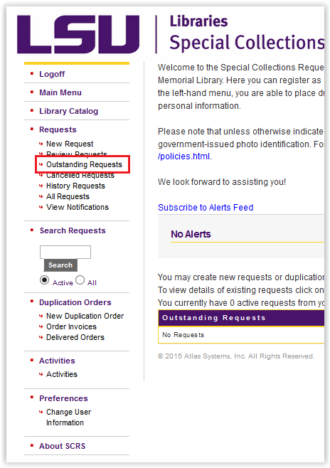 Requests/Outstanding Requests option in special collections