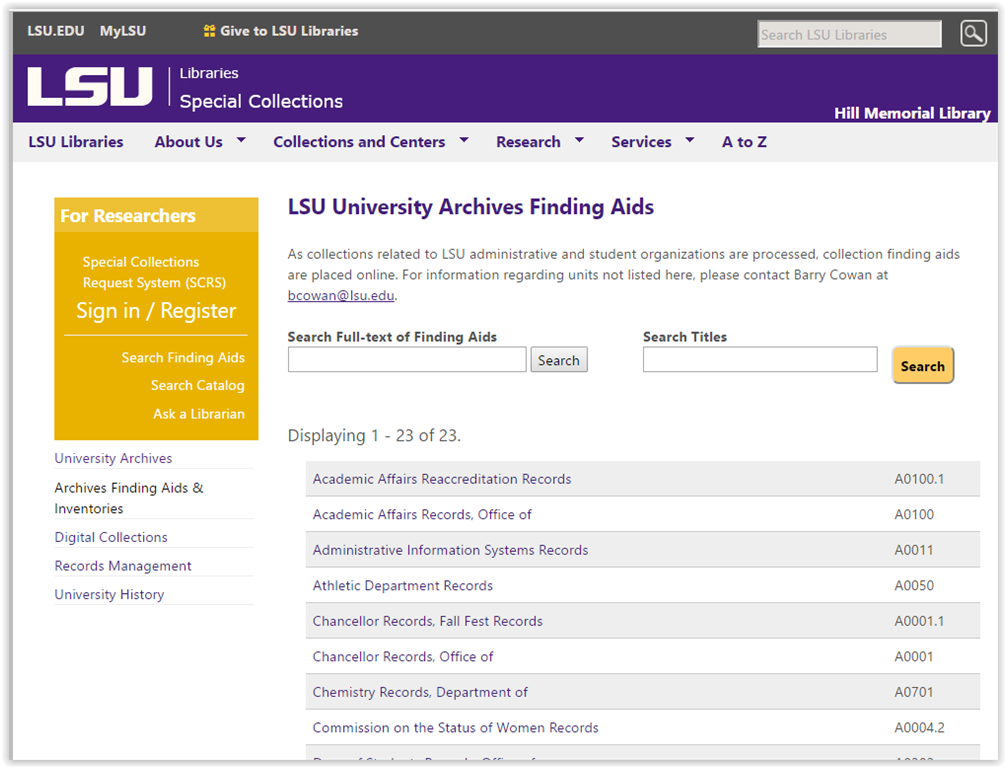 LSU Archives Finding Aids page