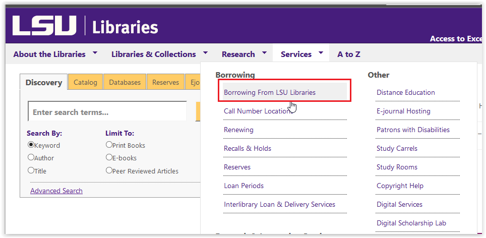 clicking on the services tab in lsu online page