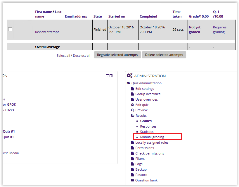 Manual grading options under the Results dropdown menu