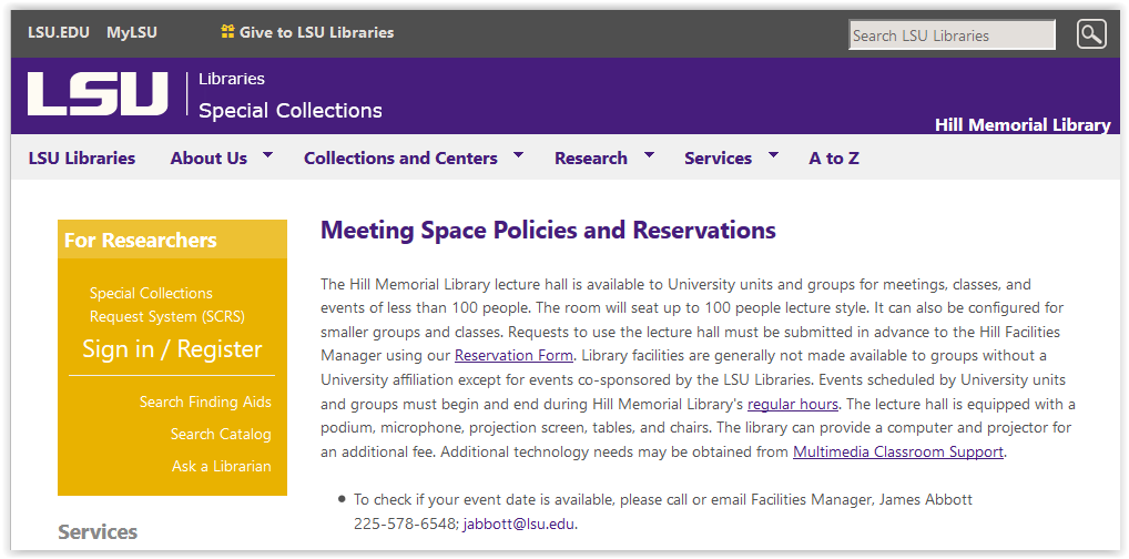 Meeting space policies and reservations homepage via lsu libraries special collections