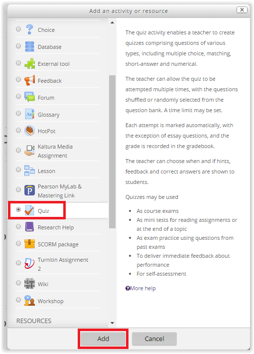 selecting quiz from the left sidebar and clicking the add button at the bottom