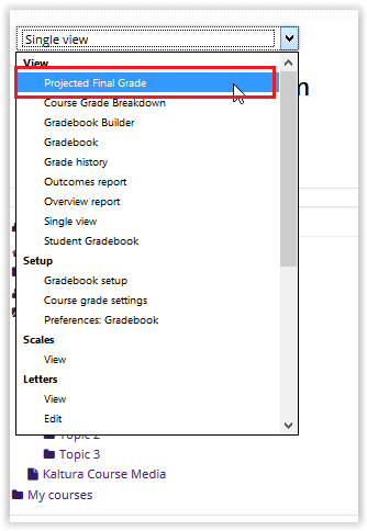 Projected Final Grade options on the dropdown menu