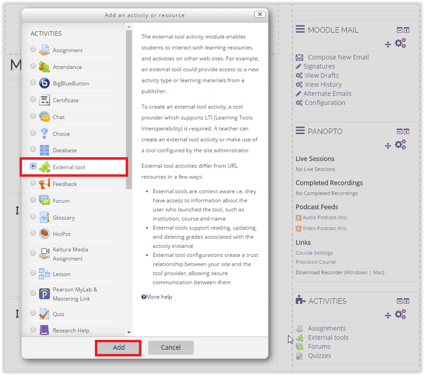 External Tool option in the Activity and Resources window