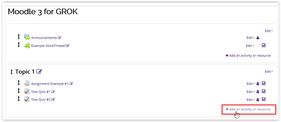 Add an Activity and Resources link at bottom right of a topic section