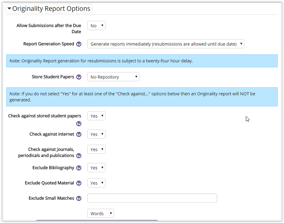Originality Report Settings