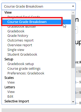 choosing course grade breakdown from the gradebook dropdown