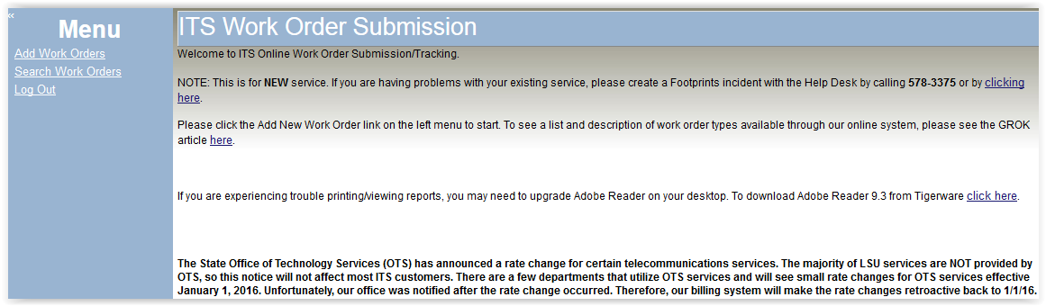 ITS Work Order Submission page with the menu on the left of the screen