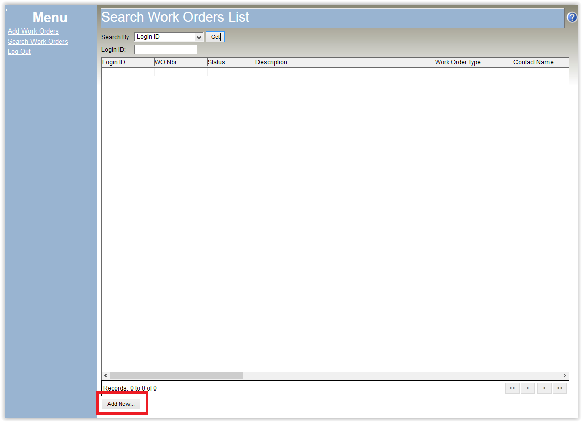 Self Service window with the Work Order List