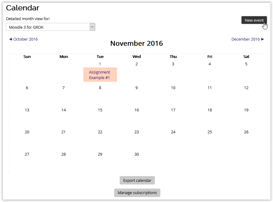 New event button in the calendar in moodle