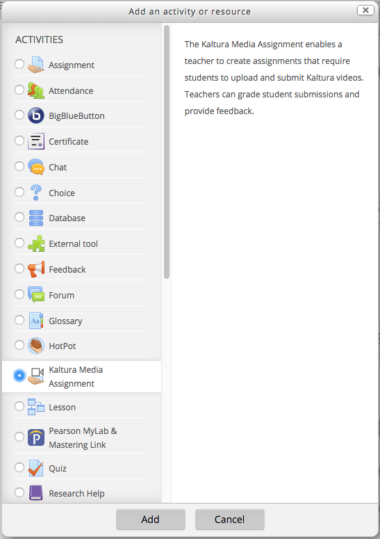 Add an Activity or Resource window