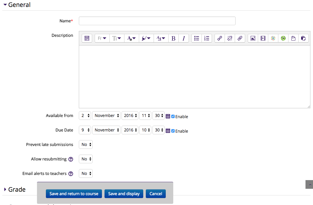 name and description on the general tab of kaltura assignment
