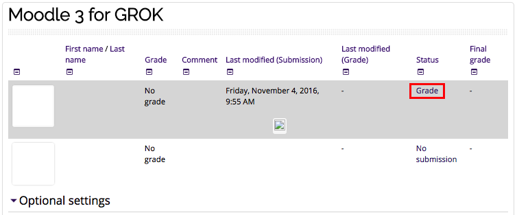 List of Kaltura submissions to grade