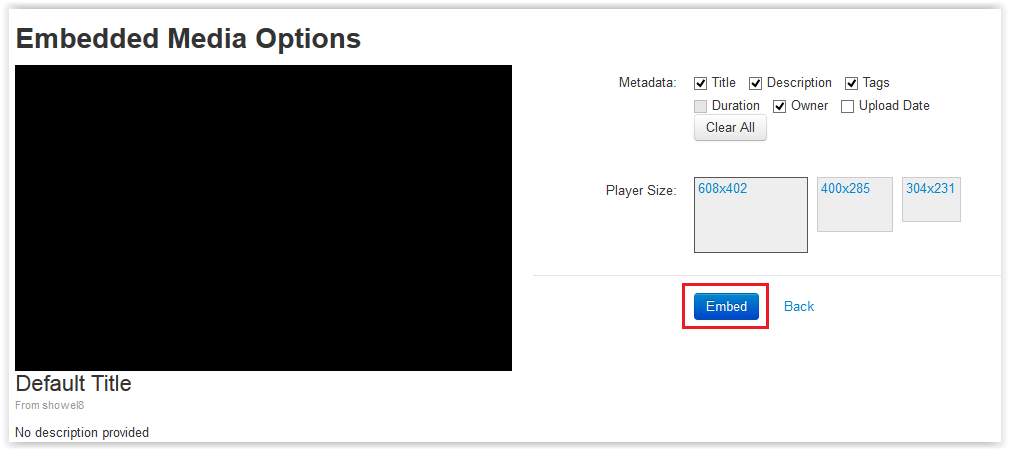 Embedded Media Options window