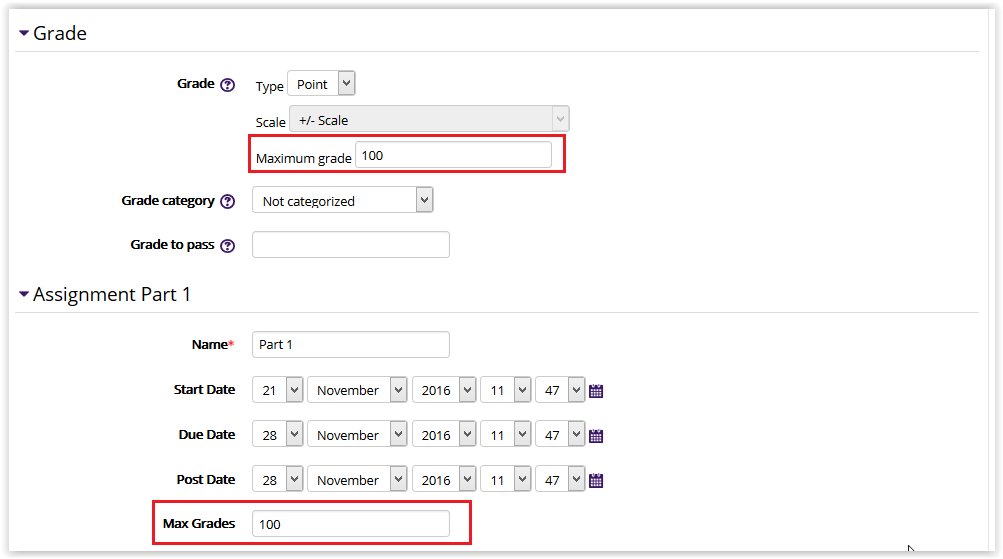 Max Grade text boxes under Grade heading and Assignment heading