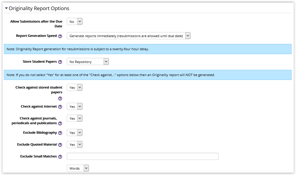 Originality Report and related Options