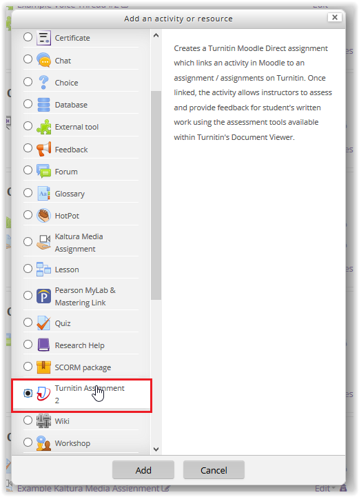 Add Activity Window with Turnitin selected from the list at the left