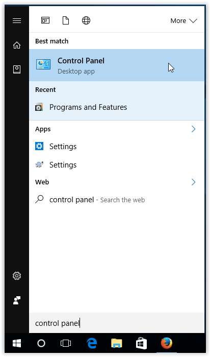 control panel  in windows start menu