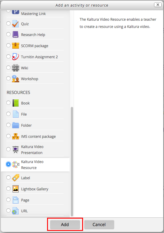 Kaltura Media option in the sidebar at the left