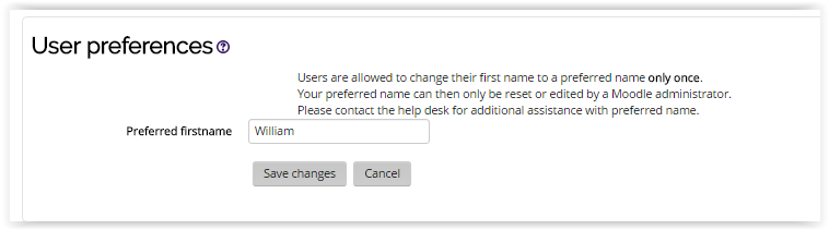 Preferred first name text box under user preferences section
