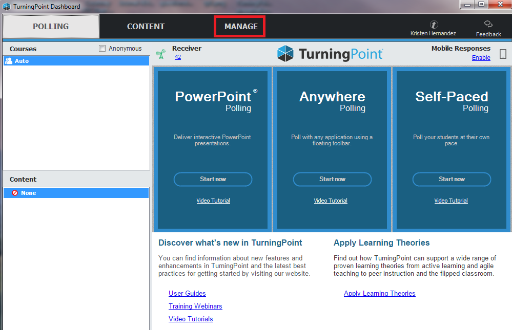 Manage tab on TurningPoint Dashboard