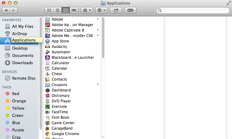 Finder window with Applications selected in sidebar to the far left