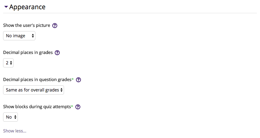 Appearance settings for Moodle quizzes