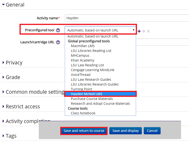 Preconfigured tool - Hayden McNeil LMS