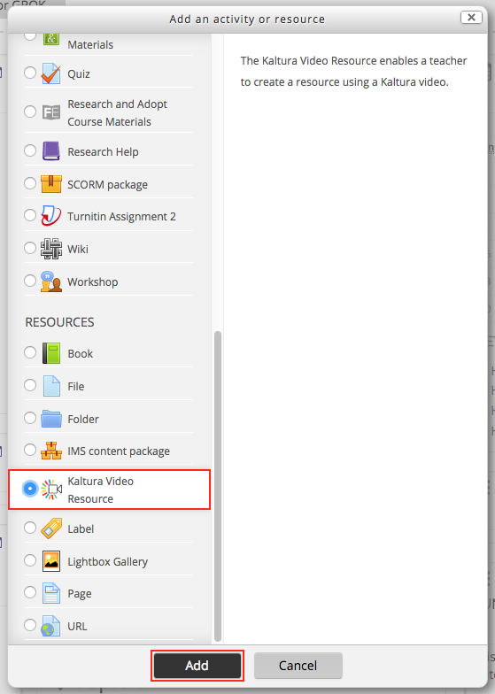 Kaltura Video Resource option