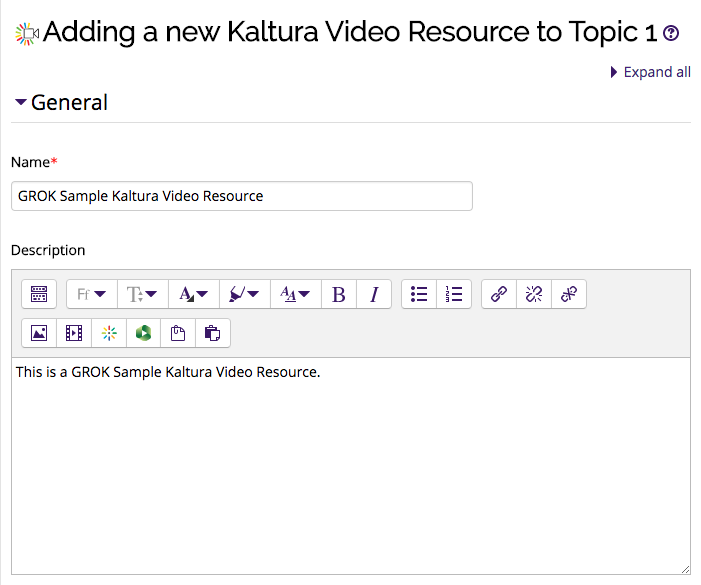 Kaltura Video Resource information