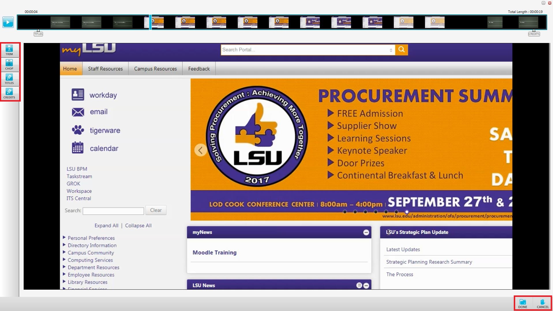 preview and editing screen