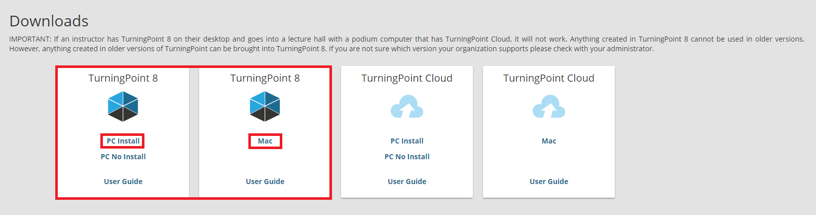 PC or Mac install buttons for Turning Point