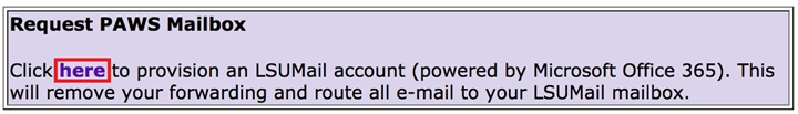 Request PAWS Mailbox screen, with "here" highlighted as clickable link.