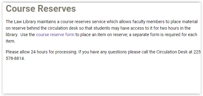 The course reserve form link highlighted in the paragraph