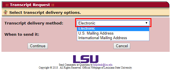 Delivery options dropdown menu showing electronic, U S address, and international address