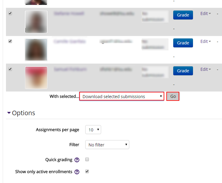 Selecting different students and pulling "download submissions" from the menu with go highlighted.