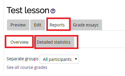 the reports tab, overview tab, and detailed statistics tab selected in the lesson report
