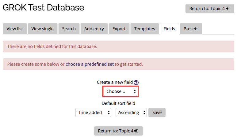 Database Fields window