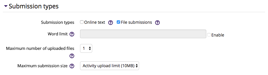 Assignment Submission Type settings