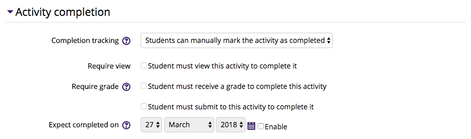 Assignment Activity Completion settings