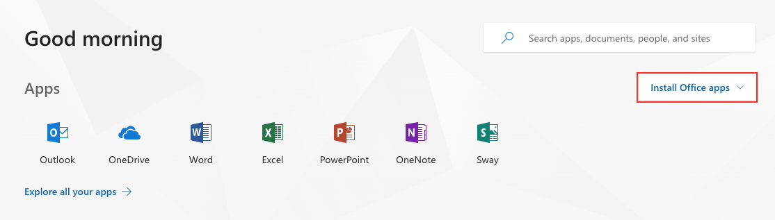 Install Office apps button