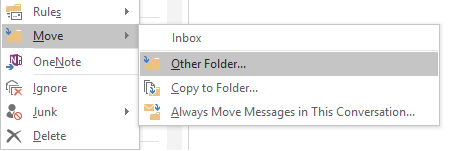 Drop-down menu with "other folder" highlighted under "move"