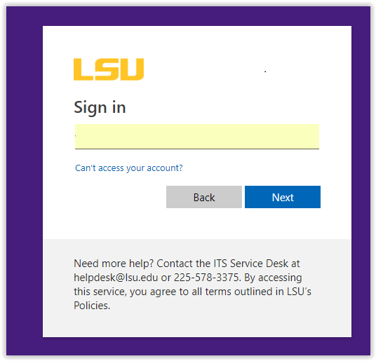 Office 365 LSUMail Sign In screen