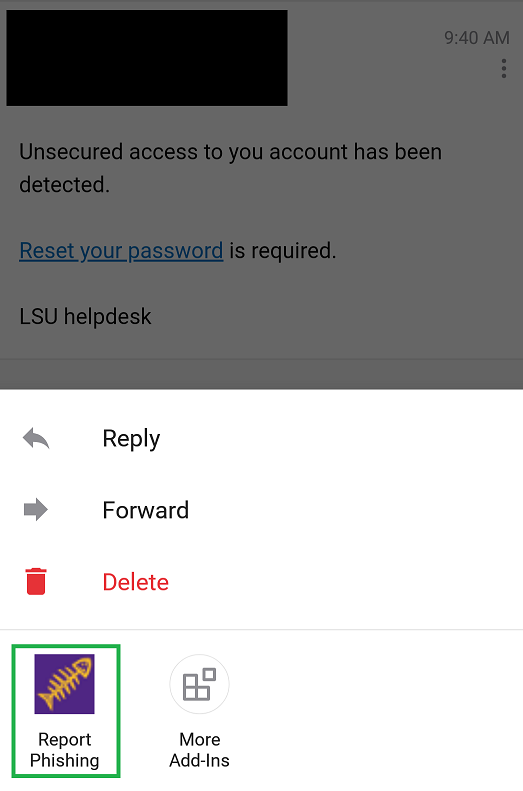 Report Phishing button - Outlook mobile